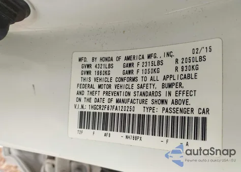 2015 Honda Accord Ex-L из США, поврежденный, VIN 1HGCR2F87FA120250